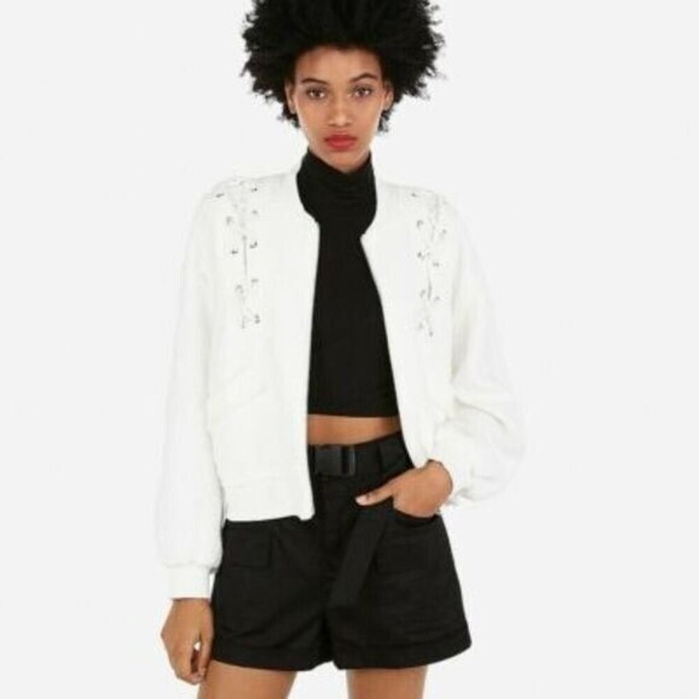 New nwt EXPRESS SALE OLIVIA CULPO LACE UP JACKET solid white zip bomber zip up - Picture 7 of 10